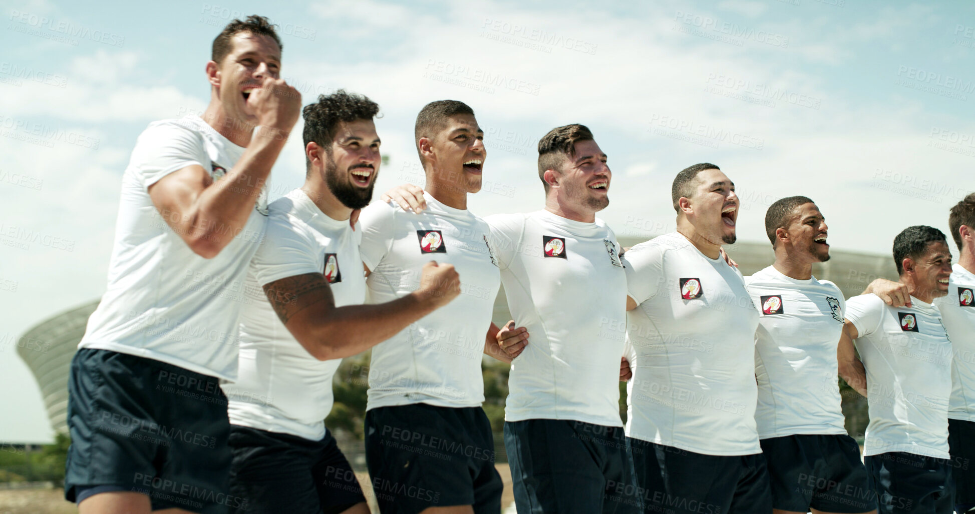Buy stock photo Celebration, fist pump and winner with team of rugby players outdoor for match victory. Achievement, gesture and success with excited people shouting or yelling for competition and tournament