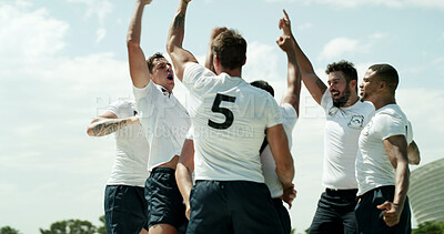 Buy stock photo Achievement, fist pump and shouting with team of rugby players outdoor for match victory. Celebration, success and winner with excited people cheering or yelling for competition and tournament