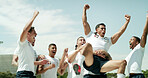 Celebration, fist pump and shouting with team of rugby players outdoor for match victory. Achievement, success and winner with excited people cheering or yelling for competition and tournament