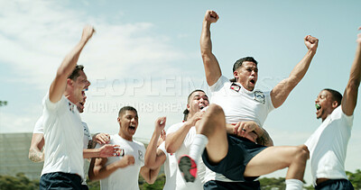Buy stock photo Celebration, fist pump and shouting with team of rugby players outdoor for match victory. Achievement, success and winner with excited people cheering or yelling for competition and tournament