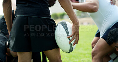 Buy stock photo Rugby, training and hands of man with ball on field for tournament match, cardio and competition. Sports, athlete and player with exercise, workout and fitness for practice, performance or contest