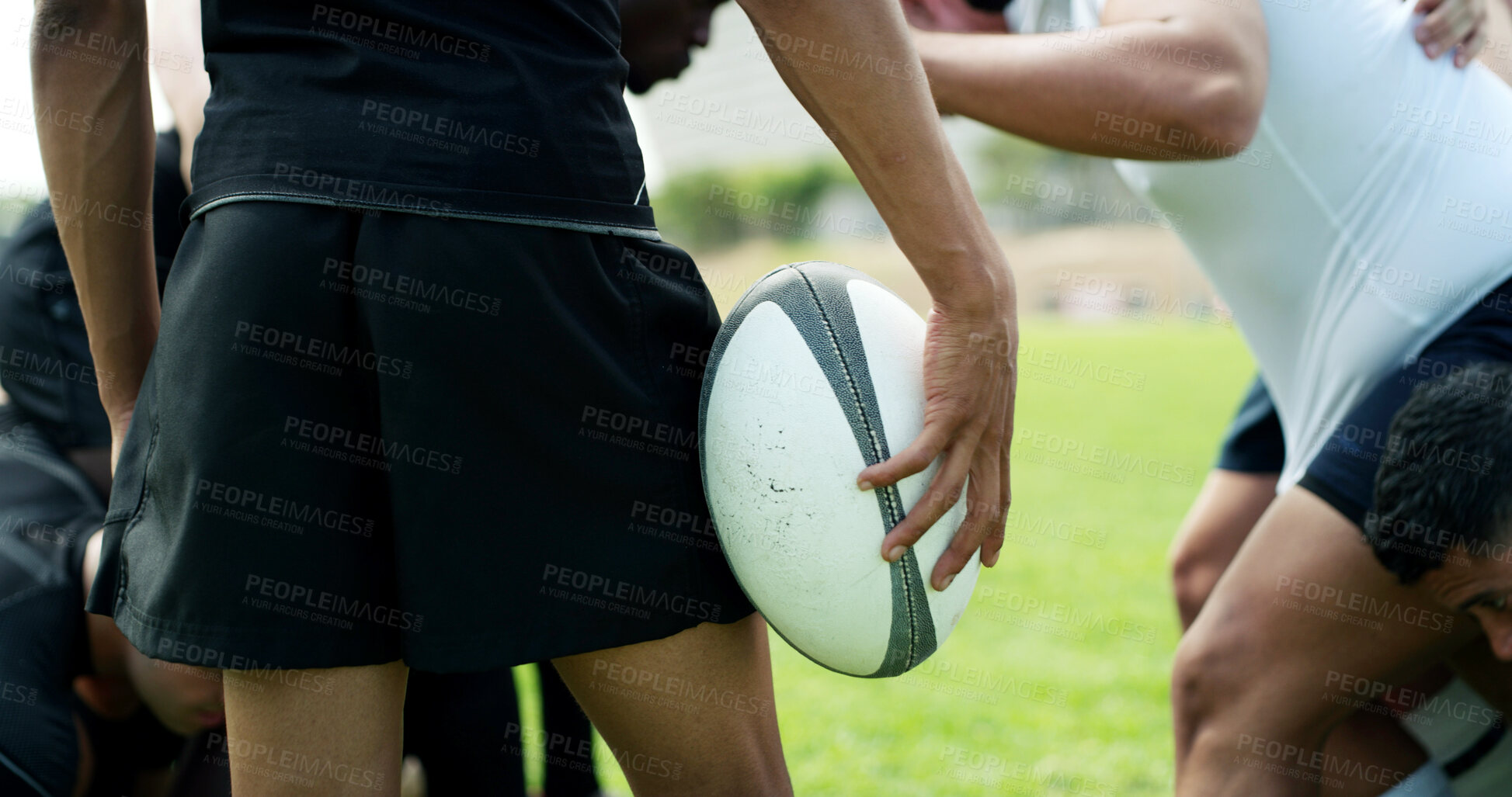 Buy stock photo Rugby, training and hands of man with ball on field for tournament match, cardio and competition. Sports, athlete and player with exercise, workout and fitness for practice, performance or contest