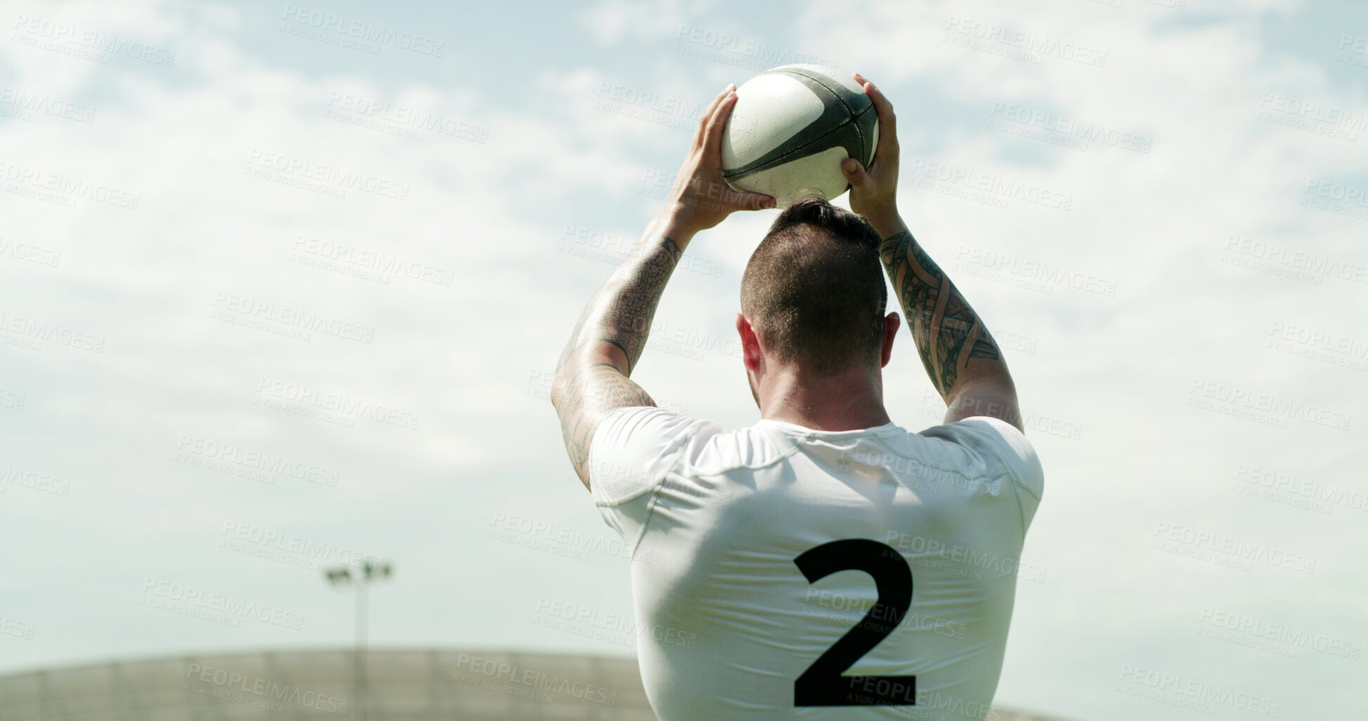 Buy stock photo Ball, rugby and throwing with man outdoor for competition, game or match as sport player. Fitness, line out and space with person at event or venue for action, restart or tournament as hooker