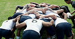 Rugby, scrum or men outdoor with ball, collision sport or teamwork in weekend tournament. Fitness, formation or people on field with huddle, impact challenge or intense performance in competition.