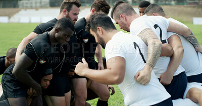 Buy stock photo Rugby, scrum or men outdoor with start, collision sport or teamwork in weekend tournament. Fitness, preparing or people on field with formation, impact challenge or intense performance in competition