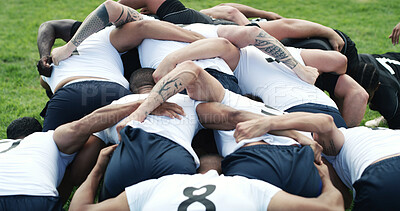 Buy stock photo Rugby, scrum or men on field with power, collision sport or teamwork in weekend tournament. Fitness, back or people with huddle formation, impact challenge or intense performance in competition.