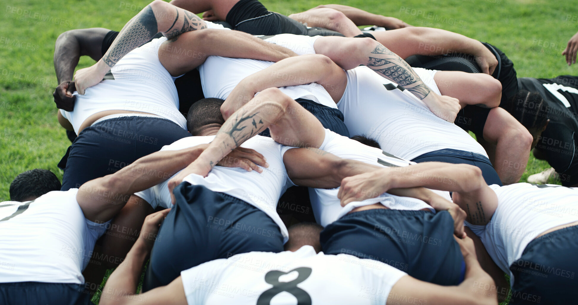 Buy stock photo Rugby, scrum or men on field with power, collision sport or teamwork in weekend tournament. Fitness, back or people with huddle formation, impact challenge or intense performance in competition.