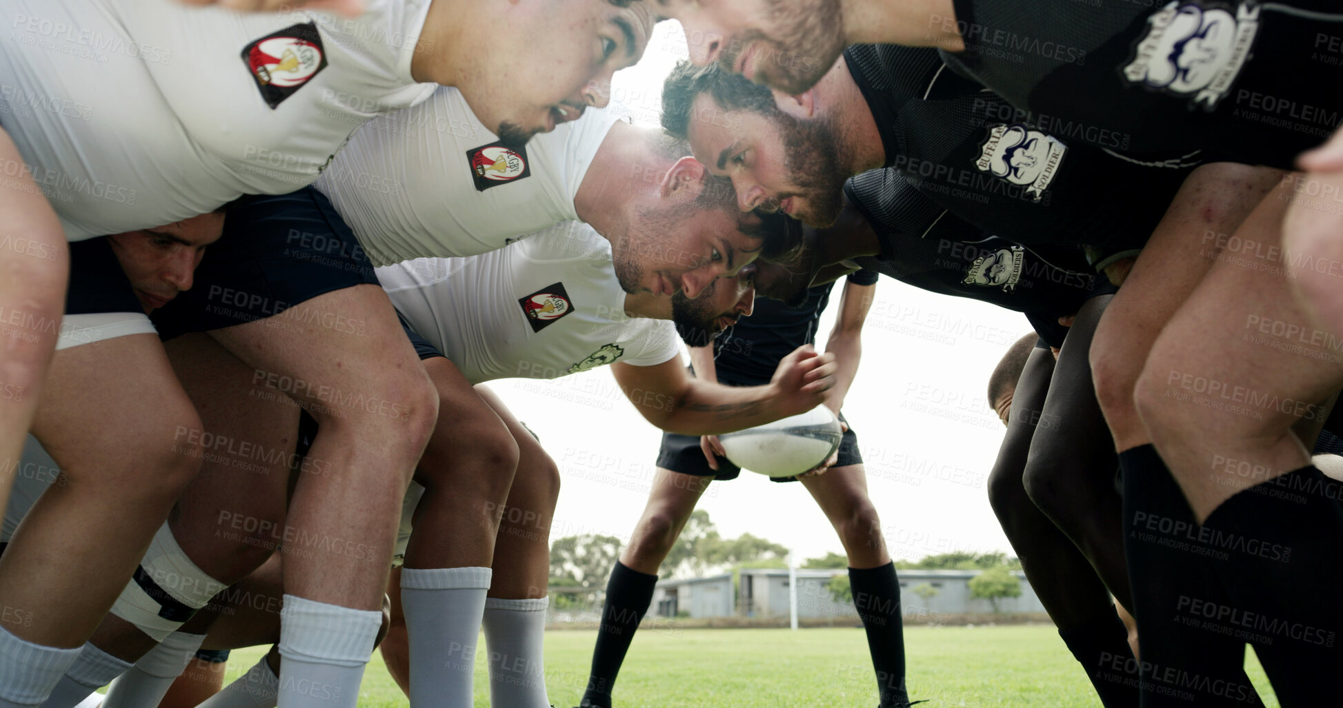 Buy stock photo Rugby, scrum or men on field with start, collision sport or teamwork in weekend tournament. Fitness, preparing or people outdoor with huddle, impact challenge or intense performance in competition.