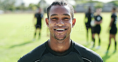 Buy stock photo Rugby, happy or man on field with portrait, fitness hobby or confidence in weekend practice. Smile, bokeh or player outdoor with collision sport, athlete ambition or training session in New Zealand.