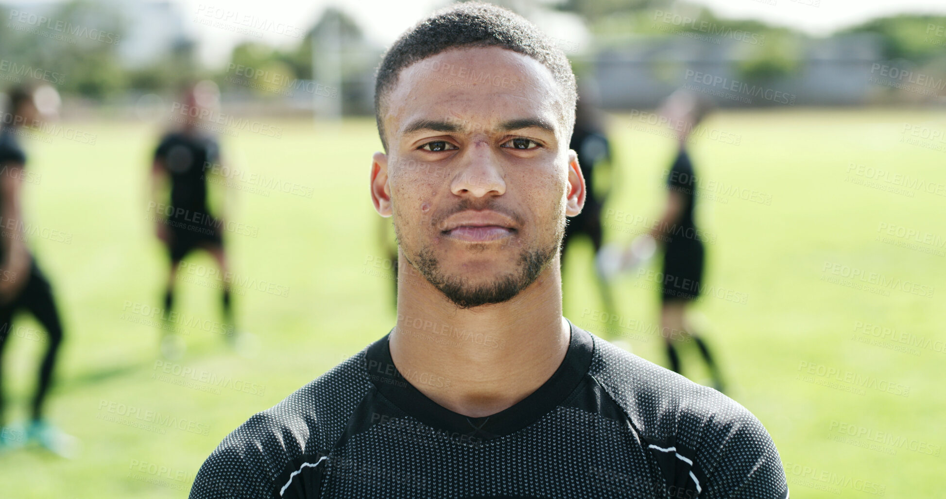 Buy stock photo Face, fitness and rugby with confident man outdoor at tournament venue for game or match. Practice, training and workout with serious player on sports field for competition, exercise or wellness