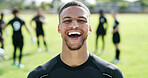 Portrait, athlete or happy man with team for sport practice, outdoor training or workout together. Active, male person or smile with group of rugby players in circle for exercise drill on grass field