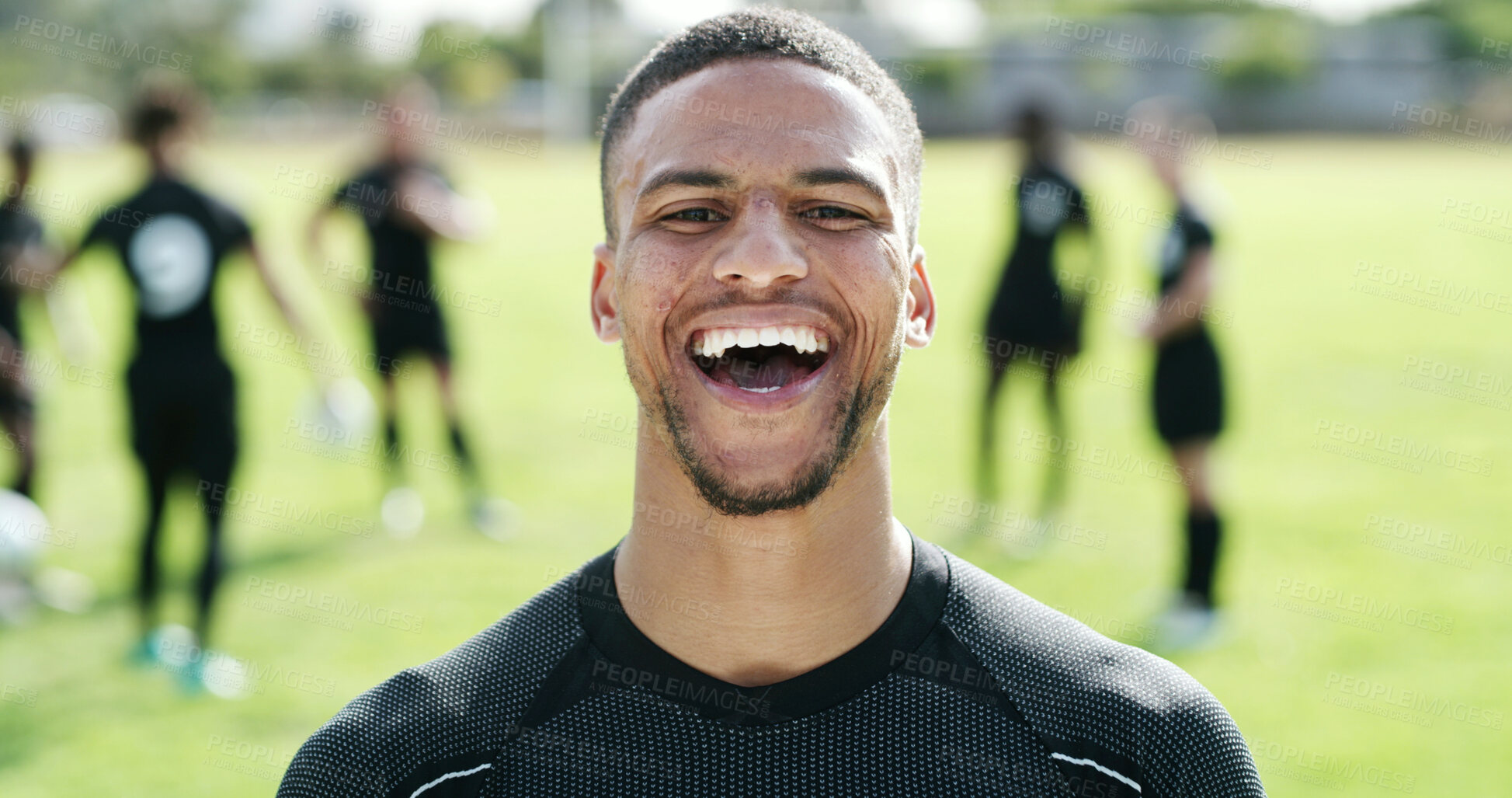 Buy stock photo Portrait, athlete or happy man with team for sport practice, outdoor training or workout together. Active, male person or smile with group of rugby players in circle for exercise drill on grass field