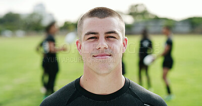 Buy stock photo Rugby, portrait or man on field with pride, fitness hobby or confidence in weekend practice. Smile, person or player outdoor with collision sport, athlete ambition or training session in New Zealand.