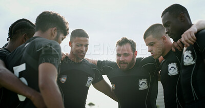 Buy stock photo Rugby, team and huddle outdoor with fitness, training together and match strategy for competition. People, diversity and athlete in circle with support, game plan or collaboration for sports practice