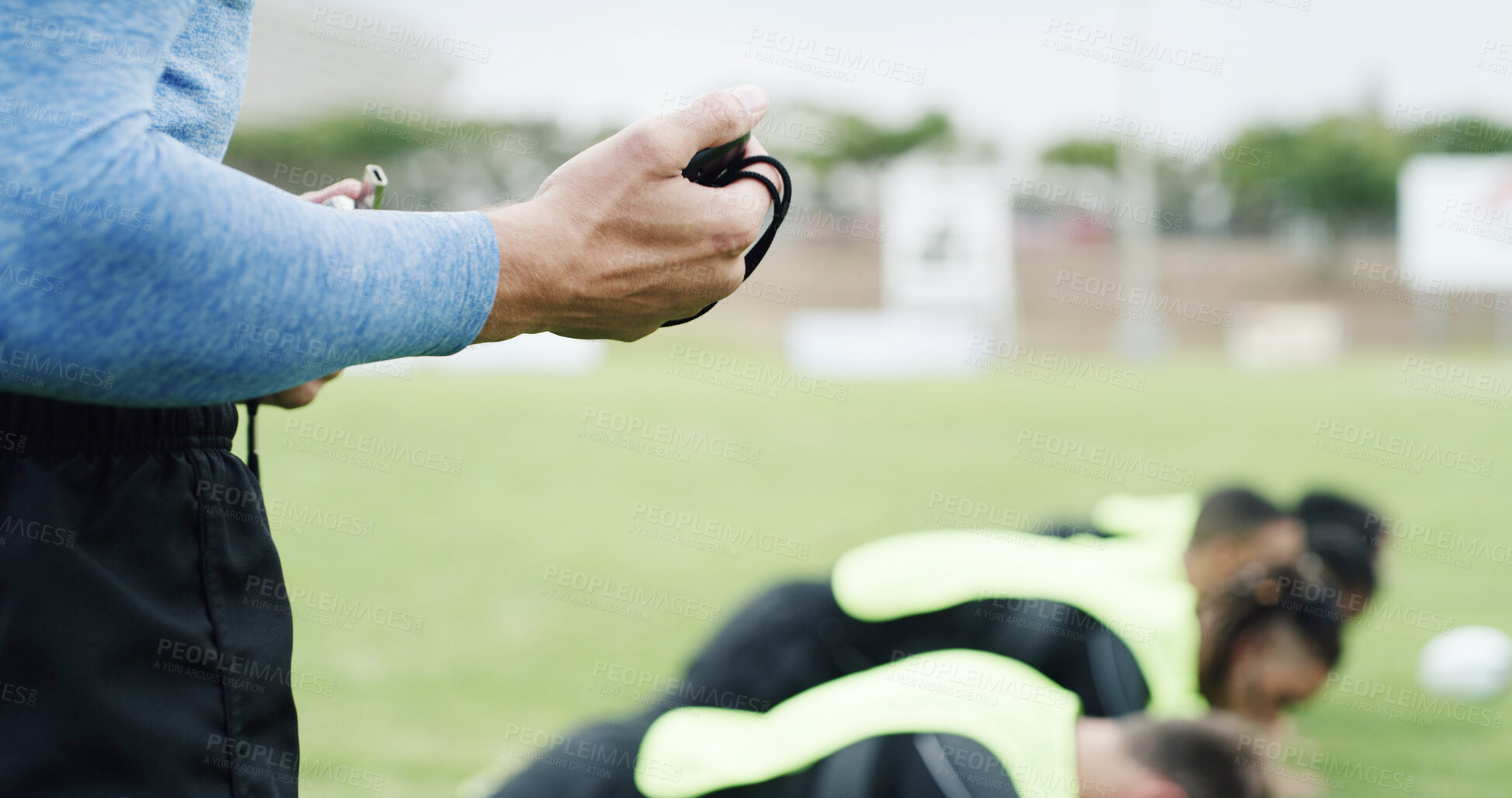 Buy stock photo Person, hands and coach with team or stopwatch for sports training, exercise or outdoor workout. Active, manager or timer with group of athletes or players for game preparation, practice or drill