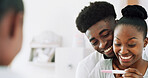 Smile, black couple and pregnancy test in house with positive results, support and ivf success. Happy, people or morning embrace with fertility kit, good news and pregnant partner for future family
