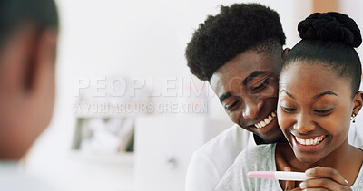 Buy stock photo Smile, black couple and pregnancy test in house with mirror, positive results and ivf success. Reflection, people or morning hug with fertility kit, good news and pregnant partner for future family