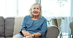 Wellness, smile or old woman in house with portrait, positive attitude or optimism on weekend break. Wellbeing, calm or elderly person in home with good mood, confidence or satisfaction in retirement