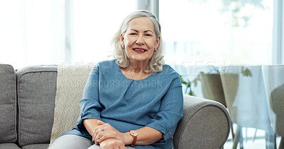 Buy stock photo Wellness, smile or old woman in house with portrait, positive attitude or optimism on weekend break. Wellbeing, calm or elderly person in home with good mood, confidence or satisfaction in retirement