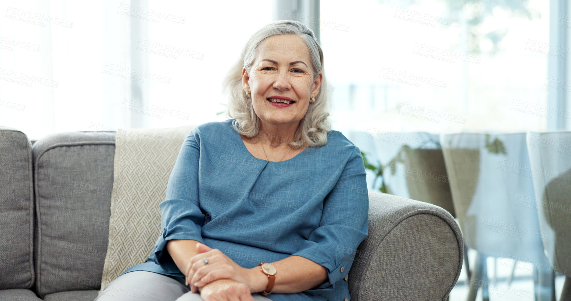 Buy stock photo Wellness, smile or old woman in house with portrait, positive attitude or optimism on weekend break. Wellbeing, calm or elderly person in home with good mood, confidence or satisfaction in retirement