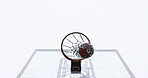 Basketball, net and below for match, court and points for competition, sports and equipment for tournament. Low angle, space and game for fitness, hoop and target with backboard for summer event