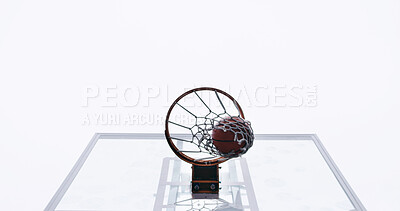 Buy stock photo Basketball, net and below for match, court and points for competition, sports and equipment for tournament. Low angle, space and game for fitness, hoop and target with backboard for summer event