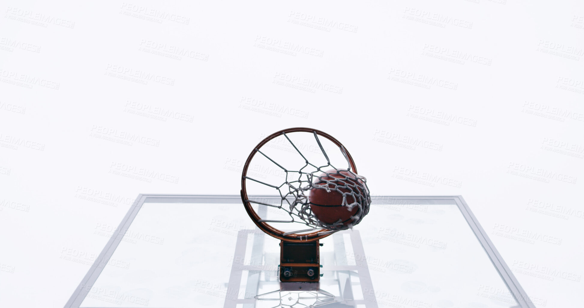 Buy stock photo Basketball, net and below for match, court and points for competition, sports and equipment for tournament. Low angle, space and game for fitness, hoop and target with backboard for summer event