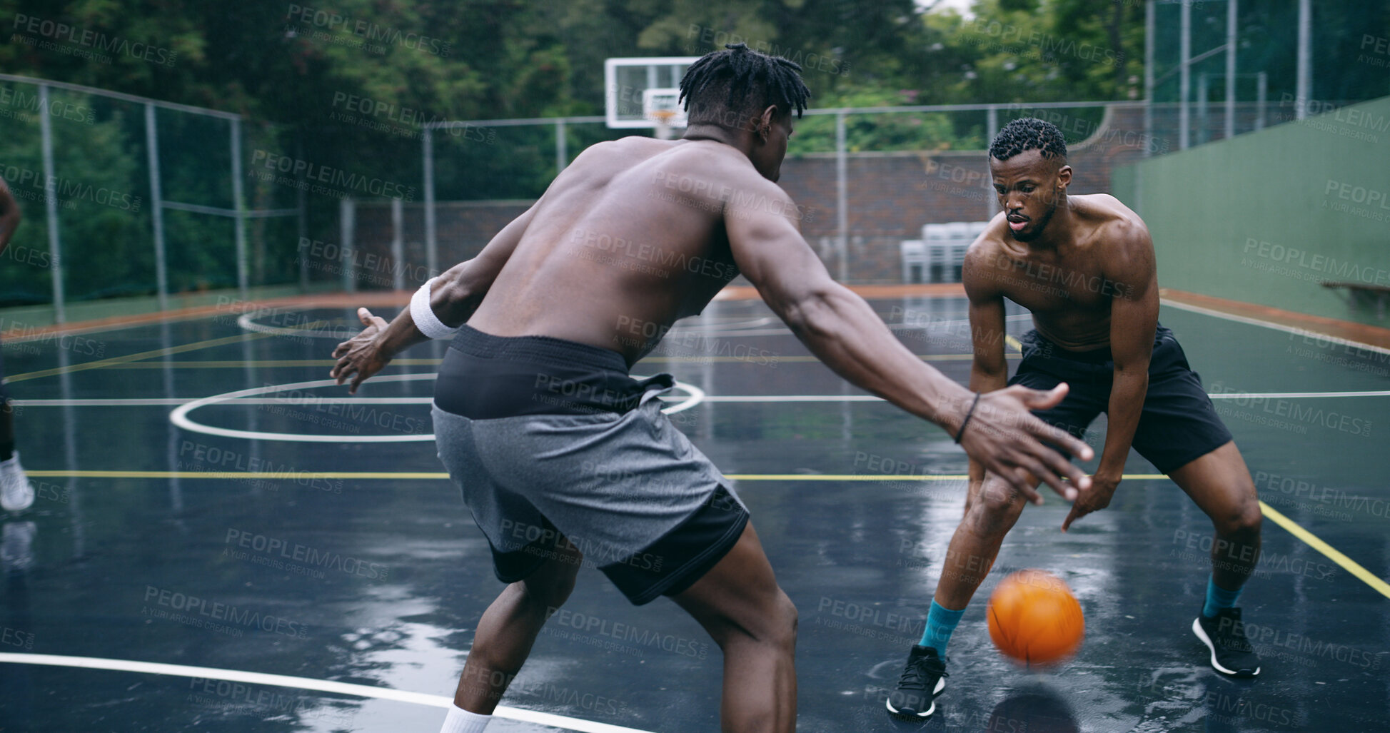 Buy stock photo Basketball, game and men with fitness, sports and training for wellness, progress and technique. Outdoor, friends or players with practice for health benefits, tournament or competition for contest