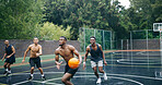 Basketball, game and men with exercise, sports and training for wellness, progress and technique. Outdoor, people and players with practice for health benefits, energy or competition with tournament