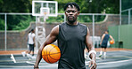 Fitness, thinking and man with basketball on court, sports practice and planning defense for match. Outdoor, serious and person with idea for team coordination, goal mindset and game play inspiration