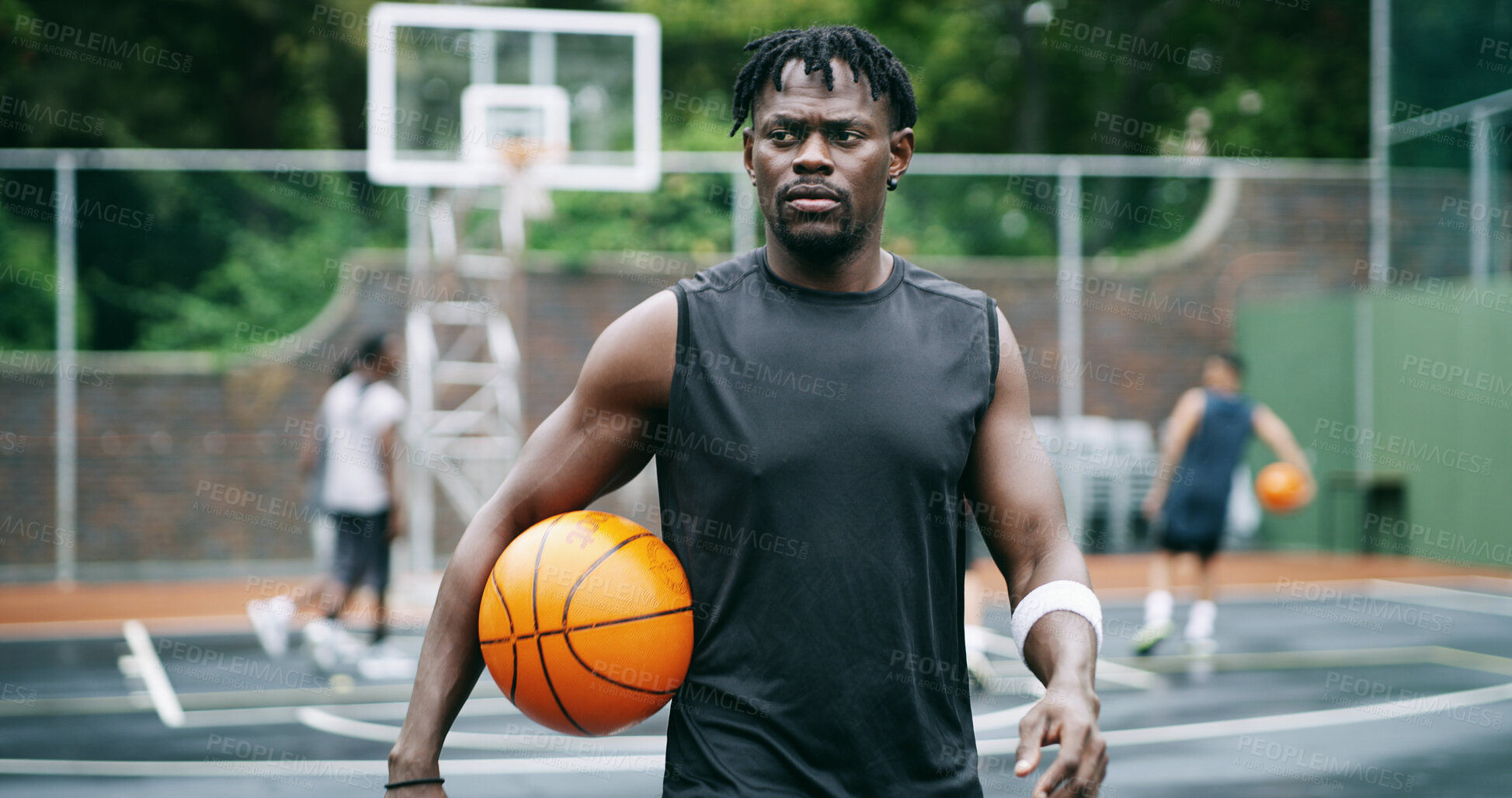 Buy stock photo Fitness, thinking and man with basketball on court, sports practice and planning defense for match. Outdoor, serious and person with idea for team coordination, goal mindset and game play inspiration