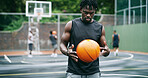 Athlete, thinking and black man on basketball court with fitness, plan and practice for competition. Active, person and exercise outdoor with equipment for sports training, cardio workout or wellness