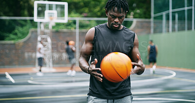 Buy stock photo Athlete, thinking and black man on basketball court with fitness, plan and practice for competition. Active, person and exercise outdoor with equipment for sports training, cardio workout or wellness