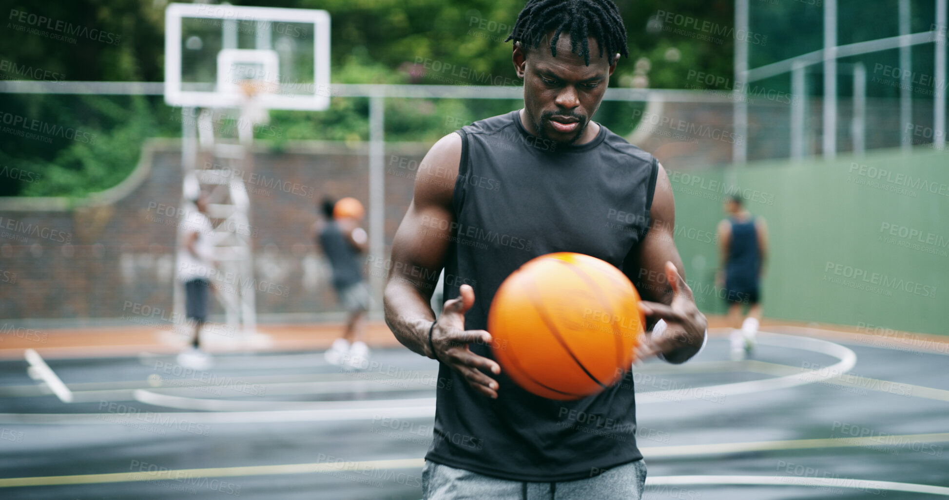 Buy stock photo Athlete, thinking and black man on basketball court with fitness, plan and practice for competition. Active, person and exercise outdoor with equipment for sports training, cardio workout or wellness