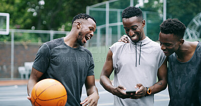 Buy stock photo Fitness, laugh or friends on basketball court with phone, message update or comic post on social media. Smile, athletes and black people with tech, funny chat or meme reaction on training break.