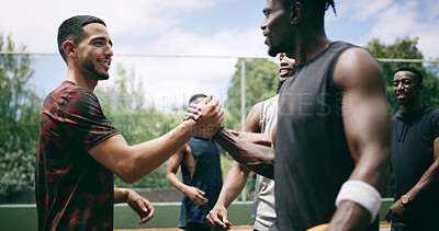 Buy stock photo Fitness, friends and men with handshake on basketball court, celebration or introduction for match. Outdoor, smile or people with opposition team for greeting, shake hands or competition support