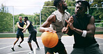 Basketball, game and men with fitness, competition and training for wellness, exercise and tournament. Outdoor, people and players with practice for health benefits, technique or challenge with match