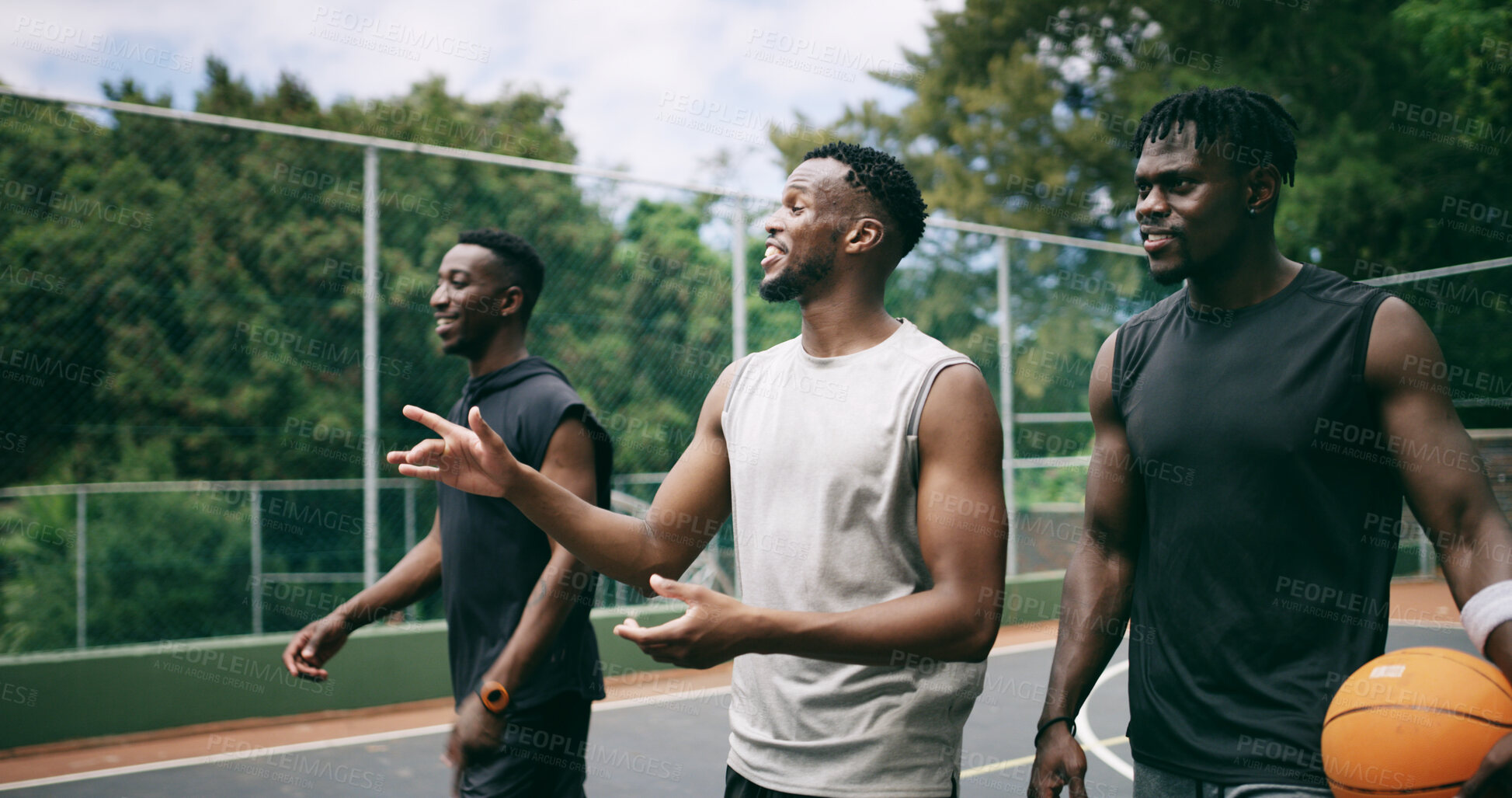 Buy stock photo Happy, friends and conversation on basketball court with fitness, training tips and bonding together. Black people, smile and talk outdoor with sports equipment, practice and exercise for wellness.