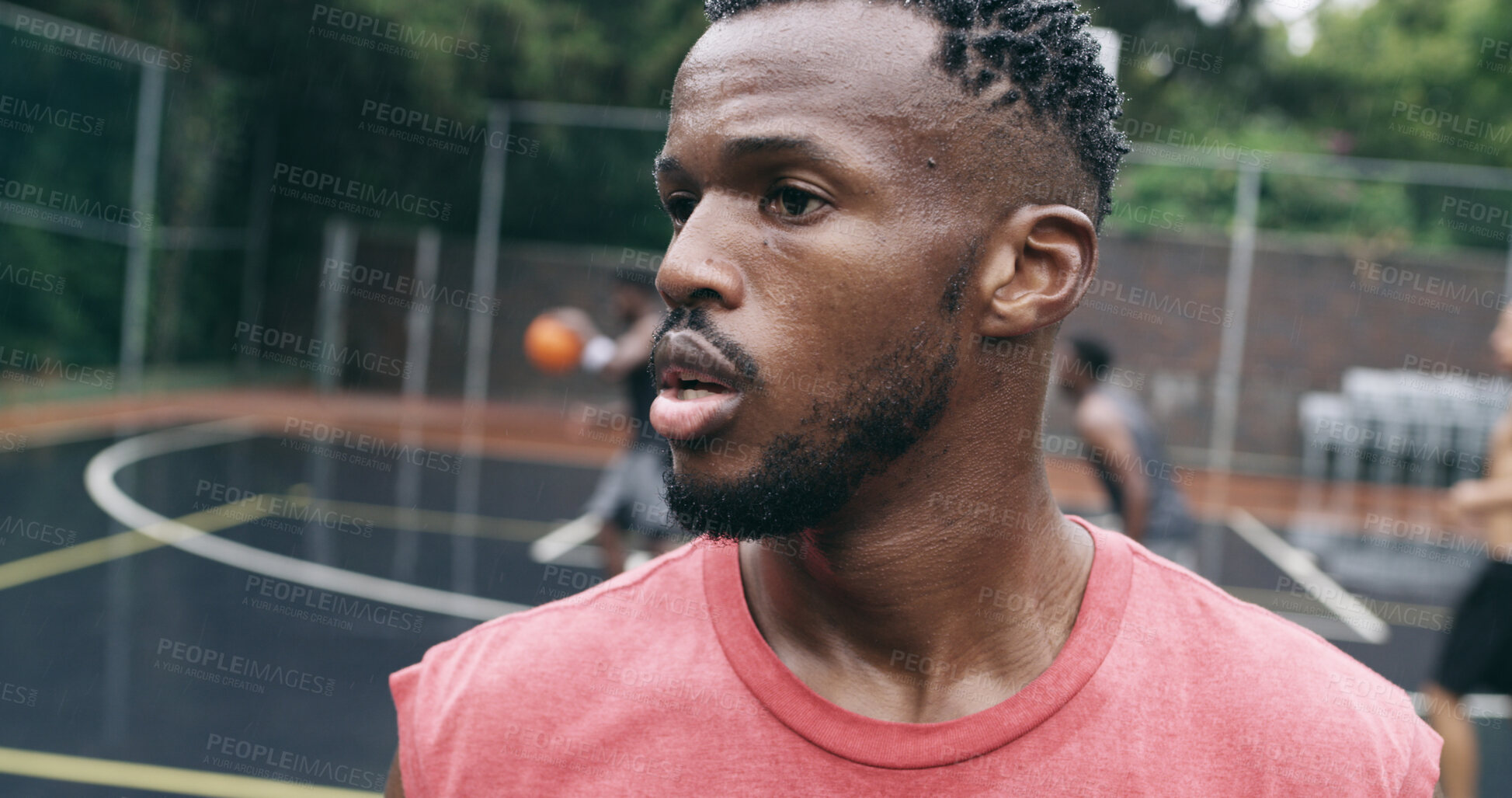 Buy stock photo Athlete, man and thinking on basketball court with fitness, play game and cardio exercise for practice. Active, person and vision outdoor with wellness, sports match and training for competition.