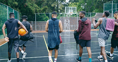 Buy stock photo Back, friends and walk on basketball court with fitness, practice together and laugh for funny joke. Happy, people and sports team outdoor with wellness, humor and training with neighborhood club.