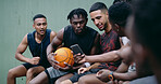 Basketball, team and talk outdoor with phone, social media video and surprise for skill development. Men, discussion or shock with tech for sports news, practice break or notification for fitness app
