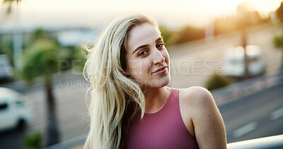 Buy stock photo Fitness, portrait and woman in city as runner for commitment or dedication to health and wellness. Cardio, flare and sports with athletic person on urban street for physical activity or vitality