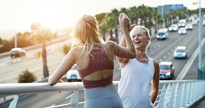 Buy stock photo Friends, runner and women high five in city for fitness goals, exercise and celebrate together. Sports, outdoor and happy people with success for training, workout and active hobby for wellness