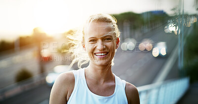 Buy stock photo Fitness, portrait and smile with woman in city for commitment or dedication to health and wellness. Cardio, flare and sports with happy runner on urban street for physical activity or vitality