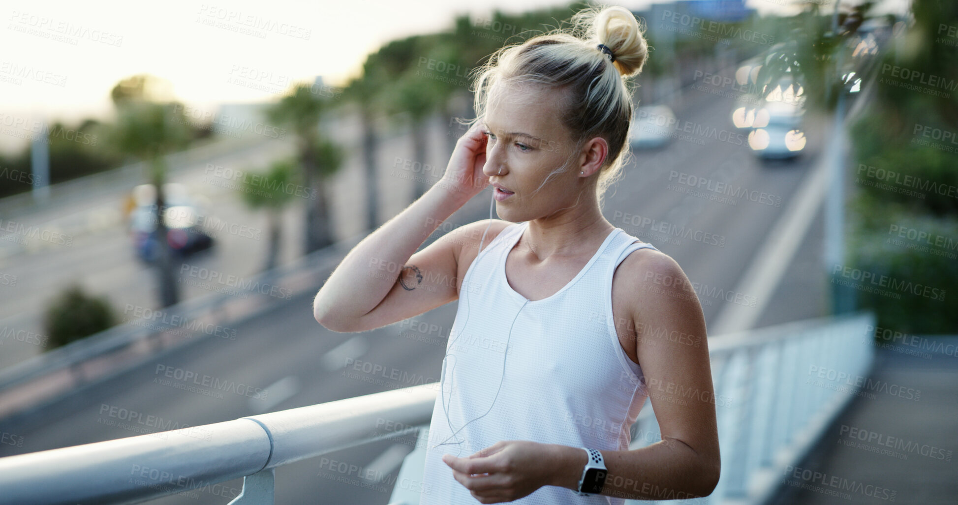 Buy stock photo Woman, thinking and fitness with earphones on bridge, online or listening to music with subscription. Outdoor, athlete and person with health goals, reflection and streaming audio with tech in city