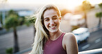 Fitness, portrait and smile with woman on street for commitment or dedication to health and wellness. Cardio, flare and happy with sports person in urban city for physical activity or vitality