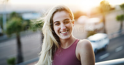 Buy stock photo Fitness, portrait and smile with woman on street for commitment or dedication to health and wellness. Cardio, flare and happy with sports person in urban city for physical activity or vitality
