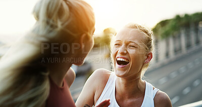 Buy stock photo Laugh, fitness and women in city for talking, sports story and communication with friends on break. Outdoor, funny joke and runners with conversation for exercise, humor and share gossip at town