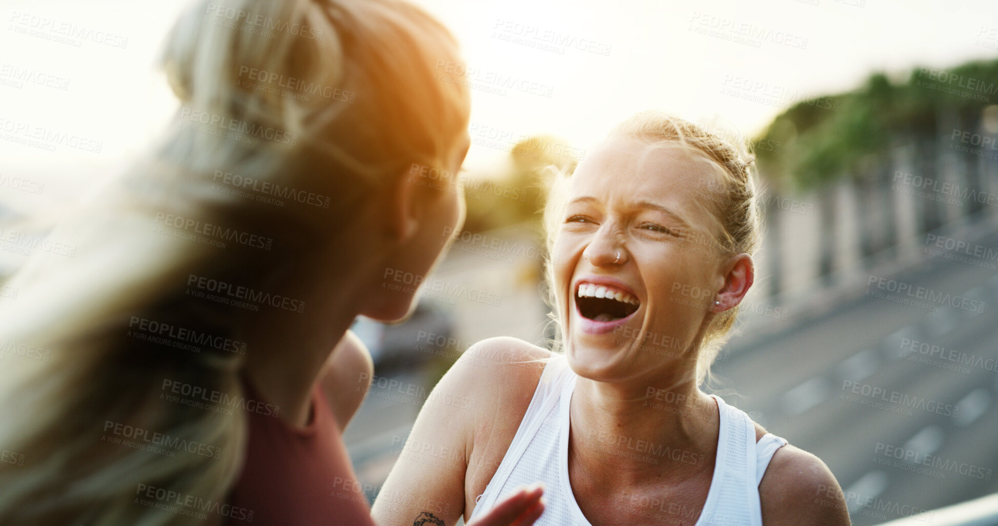 Buy stock photo Laugh, fitness and women in city for talking, sports story and communication with friends on break. Outdoor, funny joke and runners with conversation for exercise, humor and share gossip at town