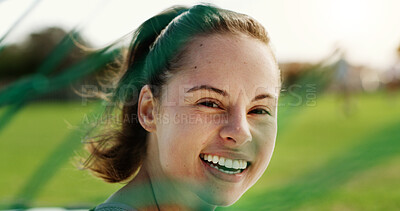 Buy stock photo Portrait, net and woman on football field for fitness, training and positive attitude for match. Smile, female person and confidence outdoor for soccer, exercise and practice sports for competition